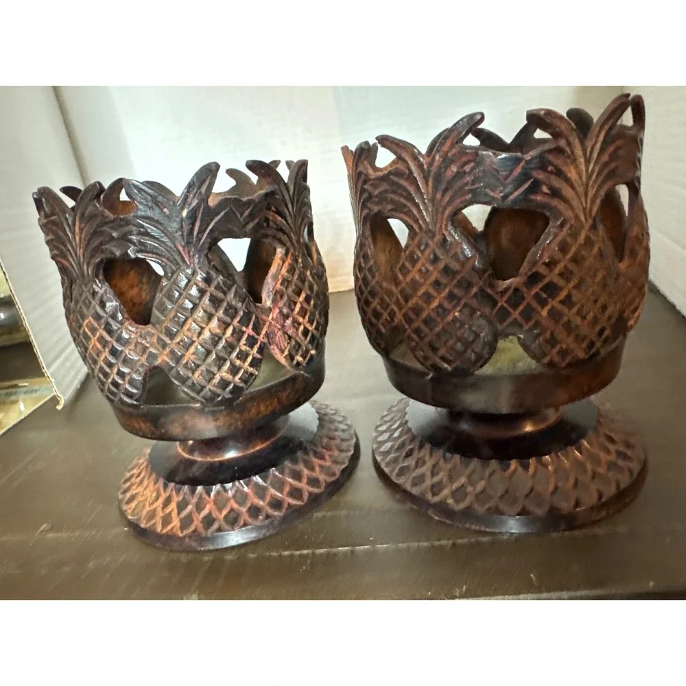 Pineapple Metal Pillar Candle Holders Set of 2 Copper Tone Rustic Decor